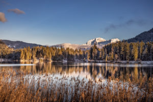 Berchtesgaden, Berchtesgadener Land, Upper Bavaria, Bavaria, Germany, Alps, Mountains, Berchtesgaden Mountains, beginning of winter, on the Hintersee, golden light Berchtesgaden, Berchtesgadener Land, Upper Bavaria, Bavaria, Germany, Alps, Mountains, Berchtesgaden Mountains, beginning of winter, on the Hintersee, golden light